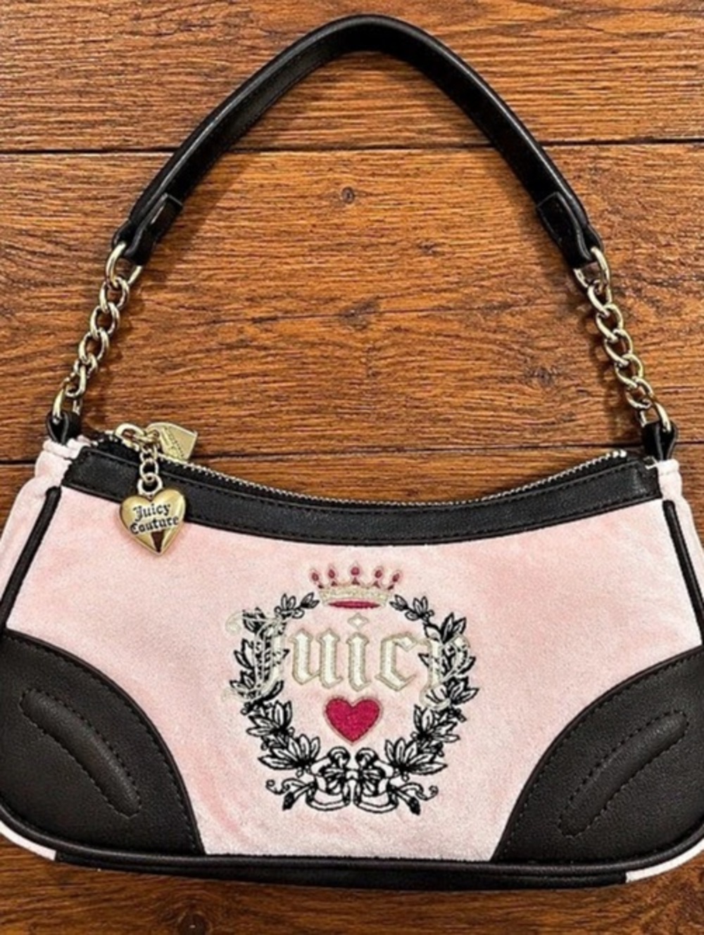 Juicy Couture Heritage Crest Velour Shoulder Bag Pink & Black